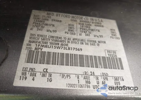 2003 Ford Expedition Xlt из США, поврежденный, VIN 1FMRU15W73LB17569